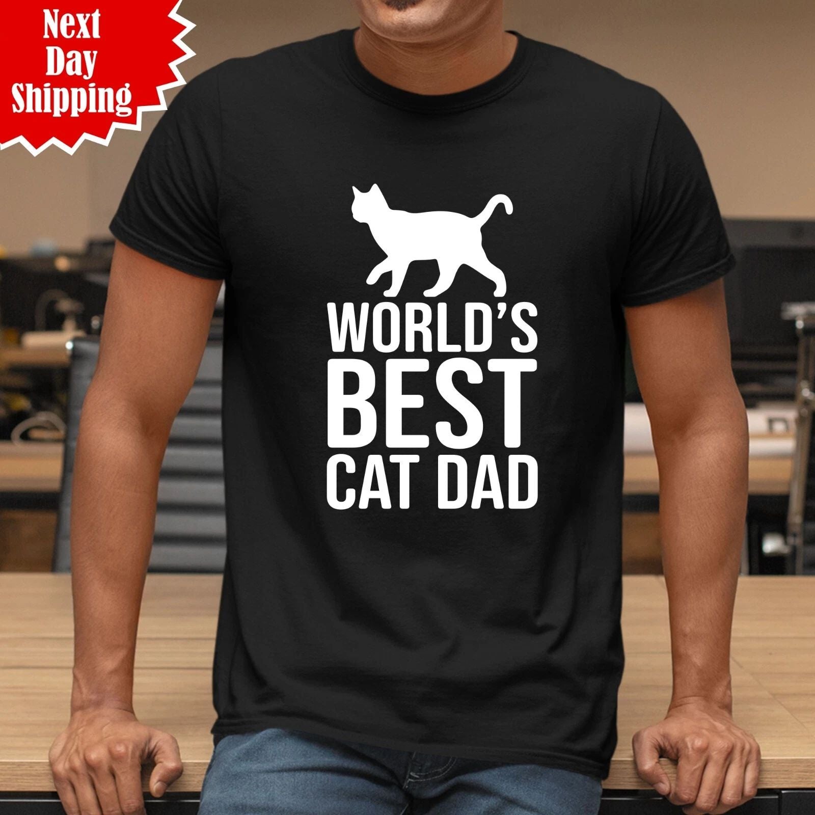 World's Best Cat Dad T-Shirt Printed Cat Lover Fathers Day Gift Funny Joke T Top Unisex T-shirt, Sweatshirt, Hoodie, Long Sleeve Tee - T-Shirt, Sweatshirt, Hoodie