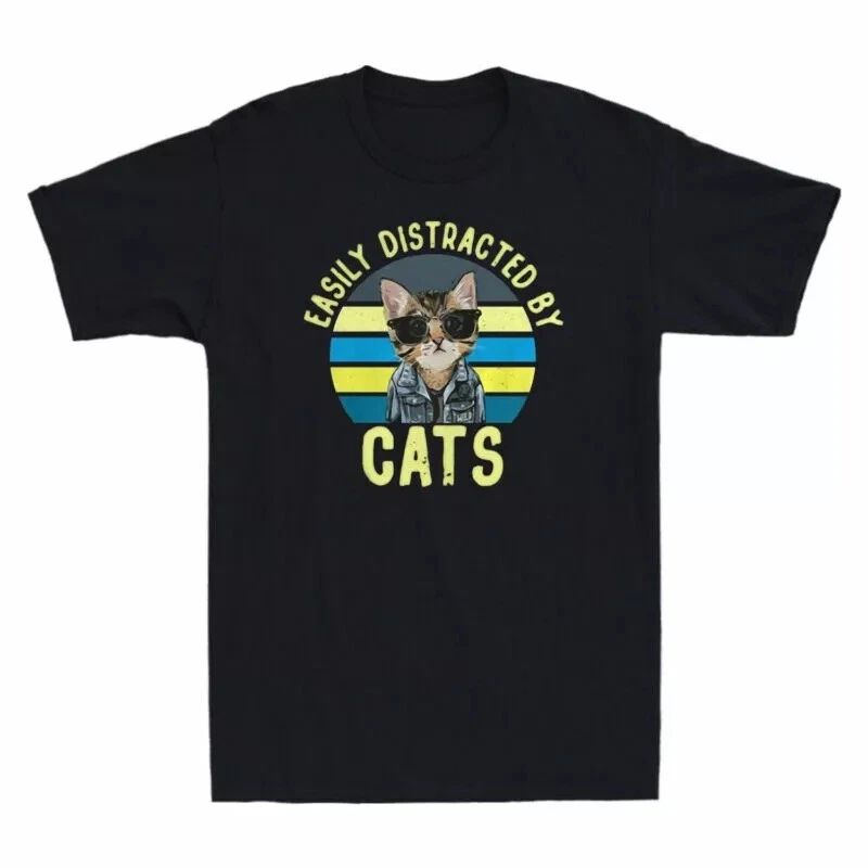 Easly Distracted By Cats Funny Cat Lover Vintage Men's T-shirt Cotton Black Unisex T-shirt, Sweatshirt, Hoodie, Long Sleeve Tee - T-Shirt, Sweatshirt, Hoodie