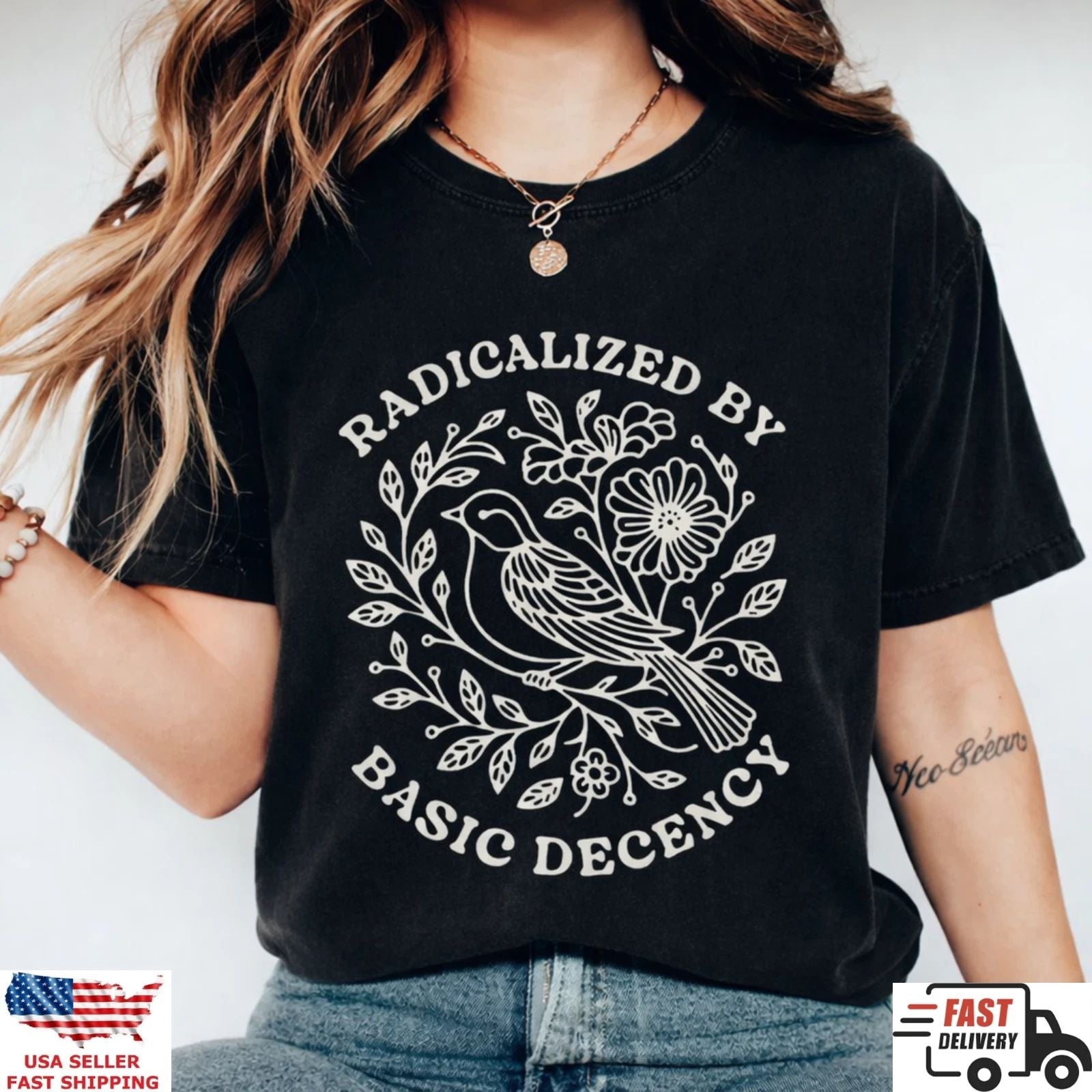 Vintage Bird Floral Radicalized By Basic Decency Shirt Aesthetic Graphic Tee Unisex T-shirt, Sweatshirt, Hoodie, Long Sleeve Tee - T-Shirt, Sweatshirt, Hoodie