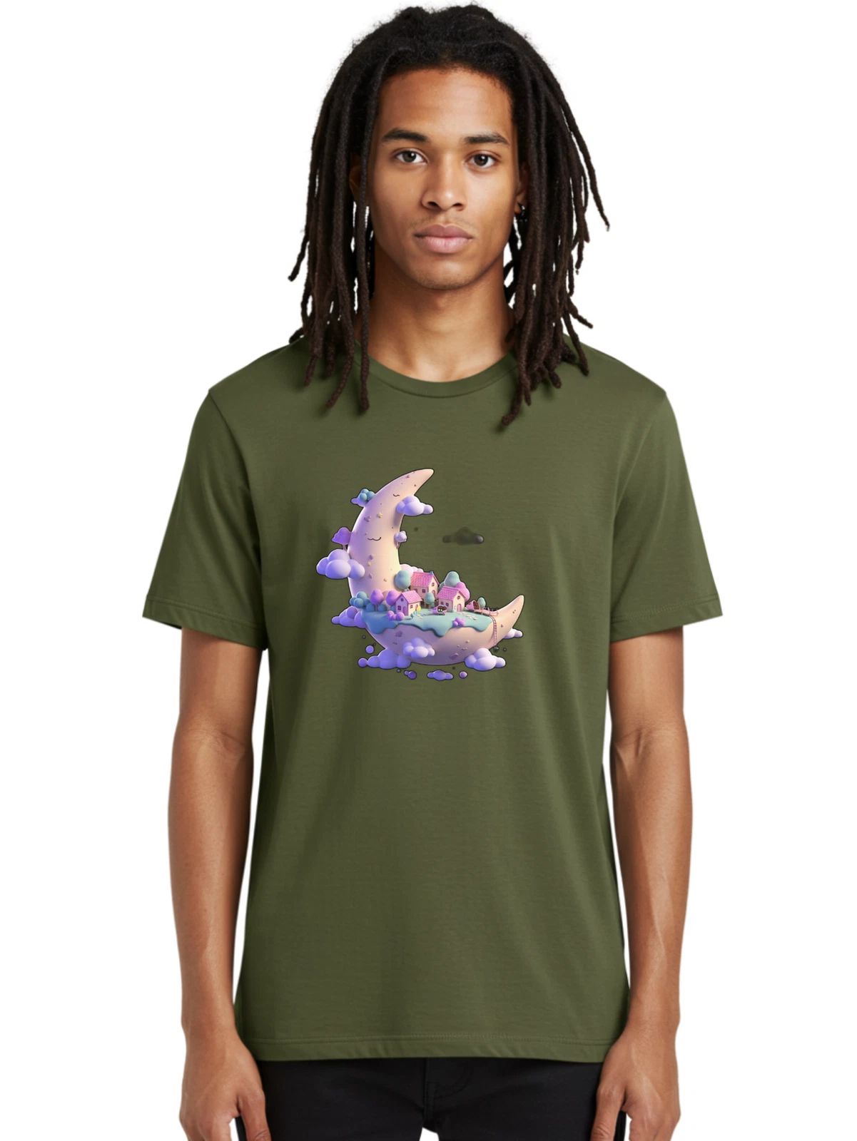 Smiling-Crescent-Moon-Village Mens Graphic Tee, 100% Cotton, Casual Summer Wear Unisex T-shirt, Sweatshirt, Hoodie, Long Sleeve Tee - T-Shirt, Sweatshirt, Hoodie