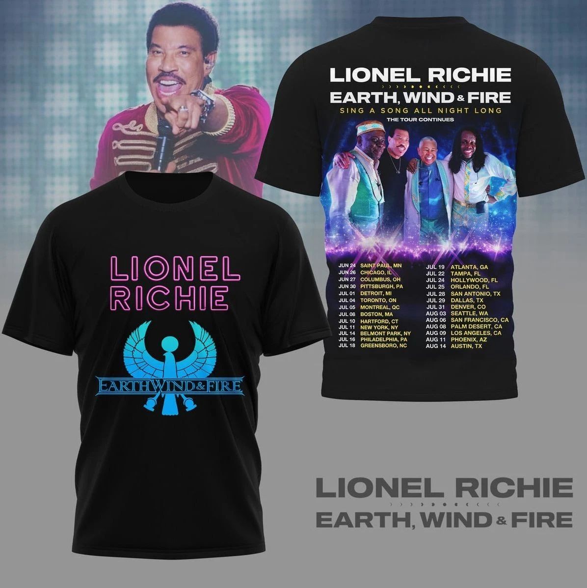 Lionel Richie Earth, Wind & Fire The Tour Continues AOP 3D T-Shirt Unisex T-shirt, Sweatshirt, Hoodie, Long Sleeve Tee - T-Shirt, Sweatshirt, Hoodie