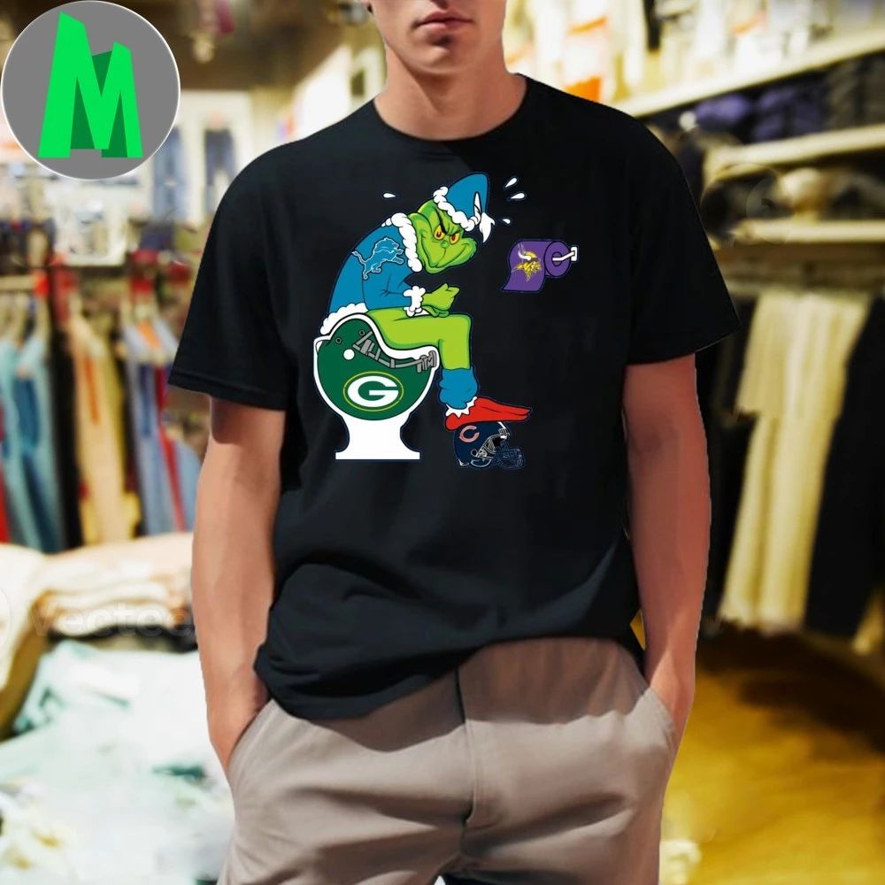 The Grinch wears a Detroit Lions jersey He sits on a Green Bay toilet And uses toilet paper with the Minnesota Vikings logo Shirt football jersey product view 1