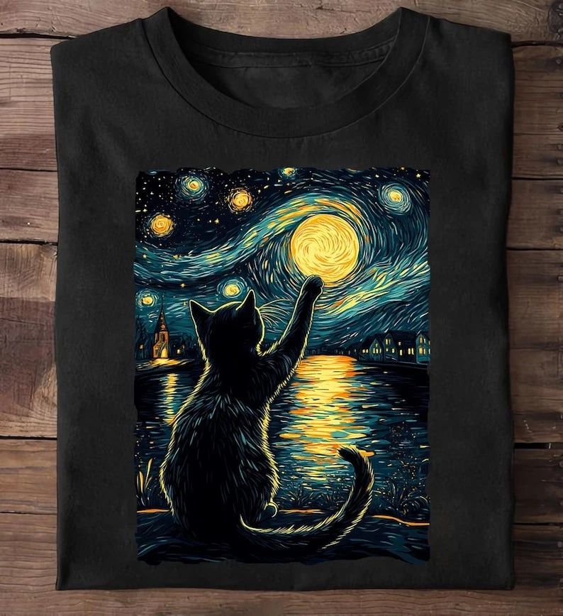 Starry Night Cat T-Shirt: Vincent Van Gogh Style, Black Cat Lover Gift TShirt Unisex T-shirt, Sweatshirt, Hoodie, Long Sleeve Tee - T-Shirt, Sweatshirt, Hoodie
