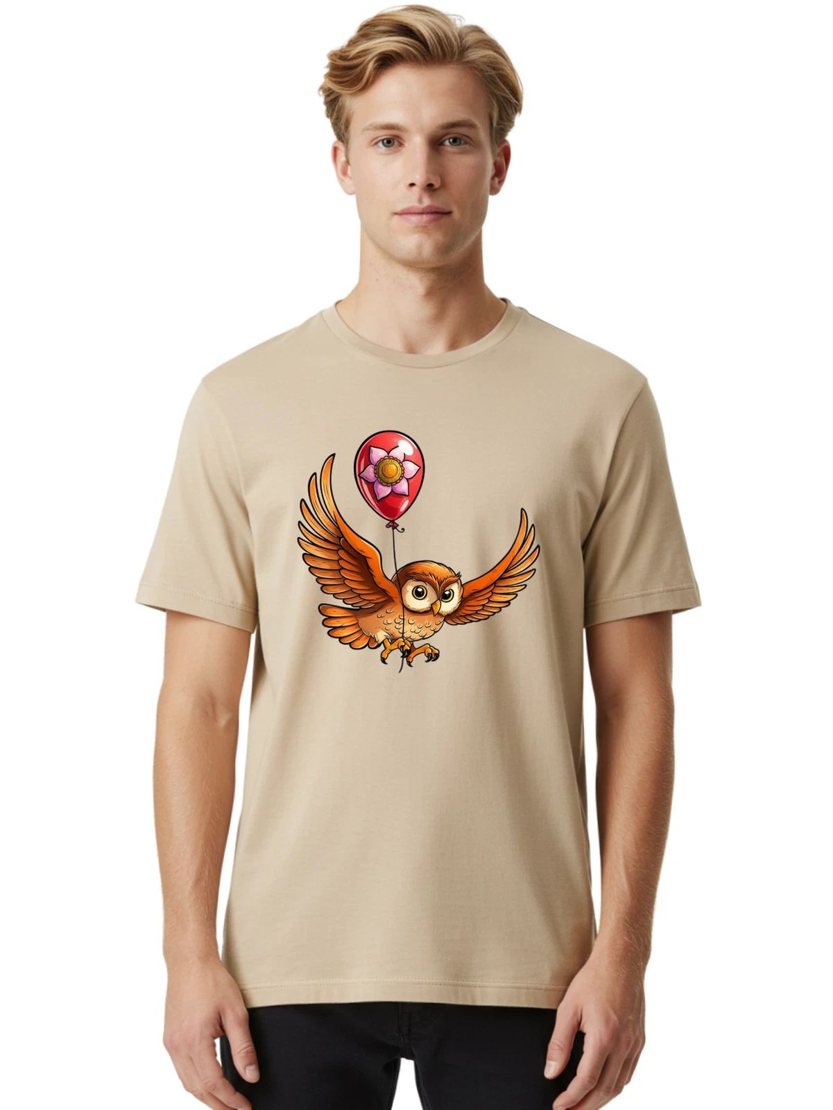 Owl-With-Balloon-Flower Mens Graphic Tee, 100% Cotton, Casual Summer Wear Unisex T-shirt, Sweatshirt, Hoodie, Long Sleeve Tee - T-Shirt, Sweatshirt, Hoodie