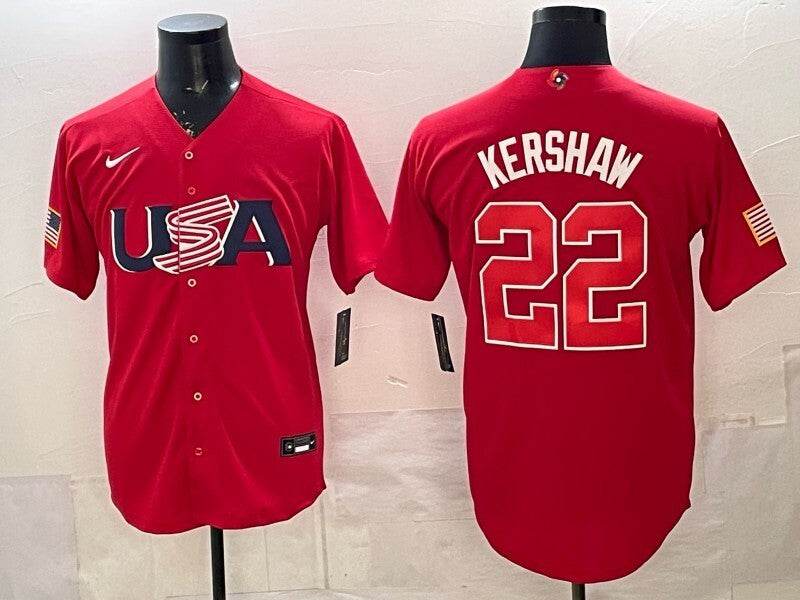 usa baseball #22 clayton kershaw red 2026 world baseball classic usa 250' patch 26 World Cup baseball jersey product view 1