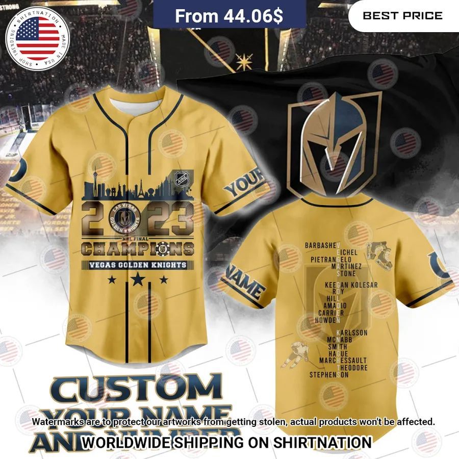 Vegas Golden Knights Stanley Cup Champions 2023 Custom Gold Baseball Jersey baseball jersey product view 1