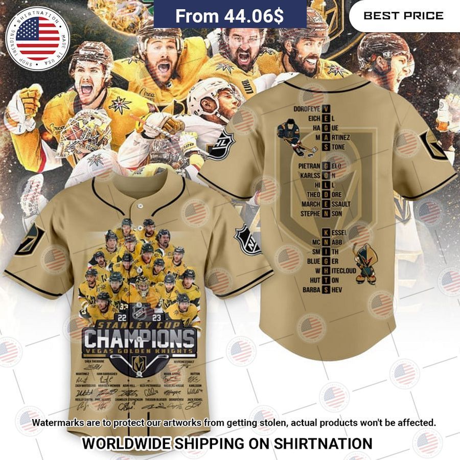 Vegas Golden Knights Stanley Cup Champions 2023 Gold Baseball Jersey baseball jersey product view 1