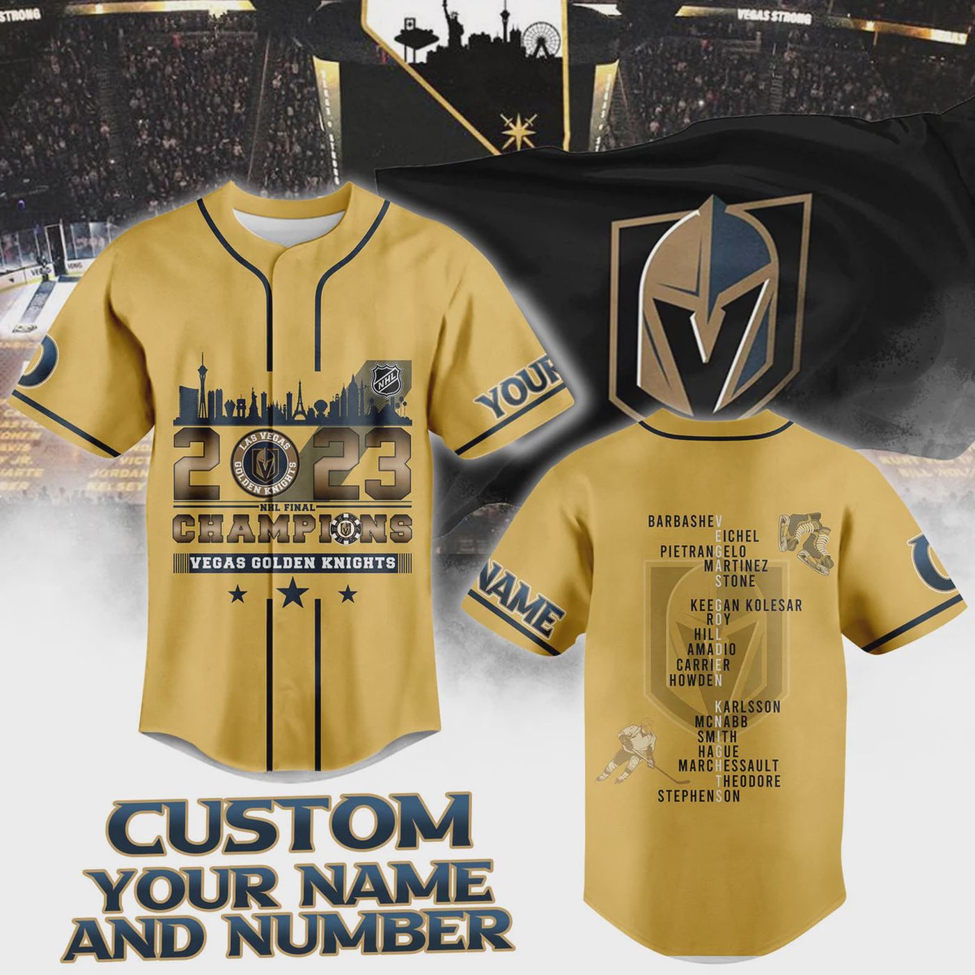 Vegas Golden Knights Stanley Cup Champions 2023 Gold Baseball Jersey - Bafud baseball jersey product view 2
