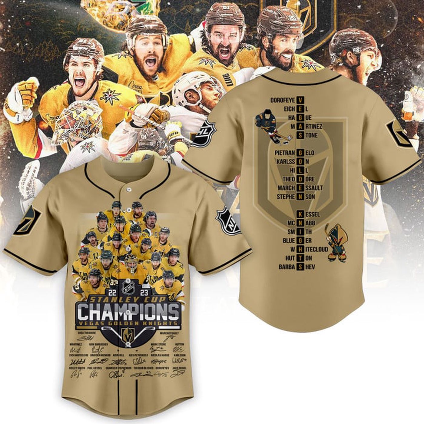 Vegas Golden Knights Stanley Cup Champions 2023 Gold Baseball Jersey Gift for Men Women - Bafud baseball jersey product view 2