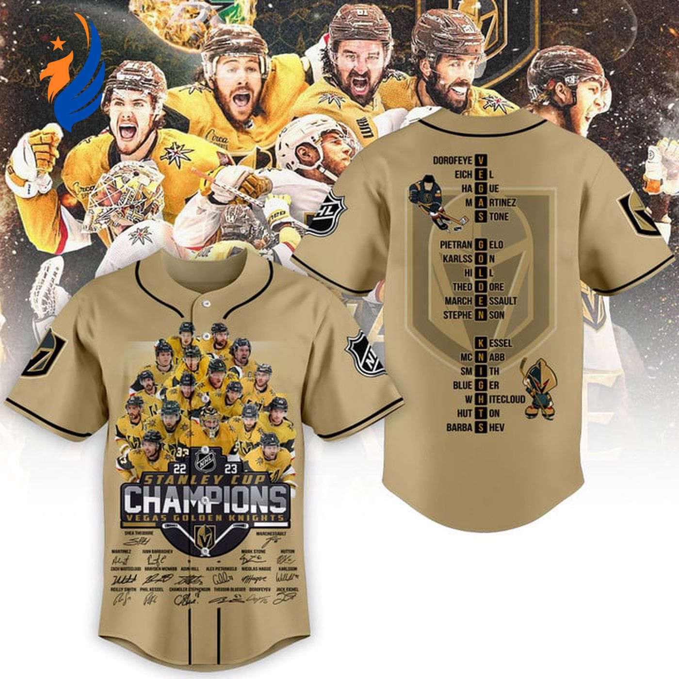 Vegas Golden Knights Stanley Cup Champions 2023 Gold Baseball Jersey Gift for Men Women - Bafud baseball jersey product view 1
