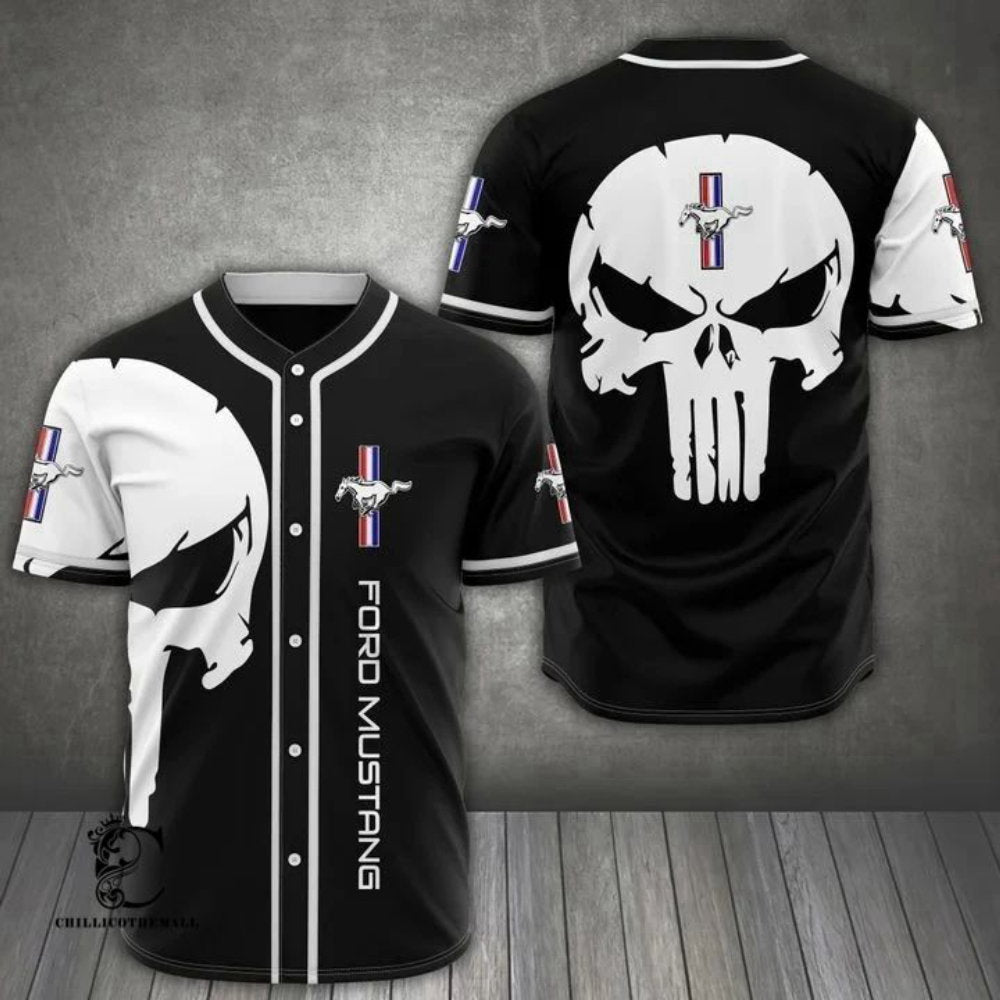 White Black Mustang Skull Baseball Jersey: Edgy Style for Sports Enthusiasts - Aopprinter baseball jersey product view 2