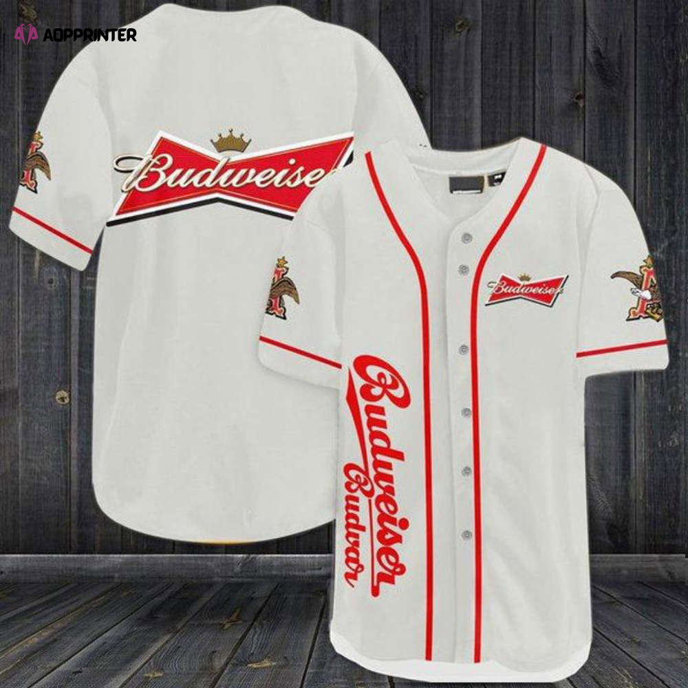 Stylish White Budweiser Beer Baseball Jersey – Perfect for Sports Fans - Aopprinter baseball jersey product view 1