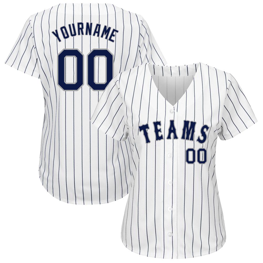 Custom White Navy Pinstripe Navy-Gray Authentic Baseball Jersey baseball jersey product view 2