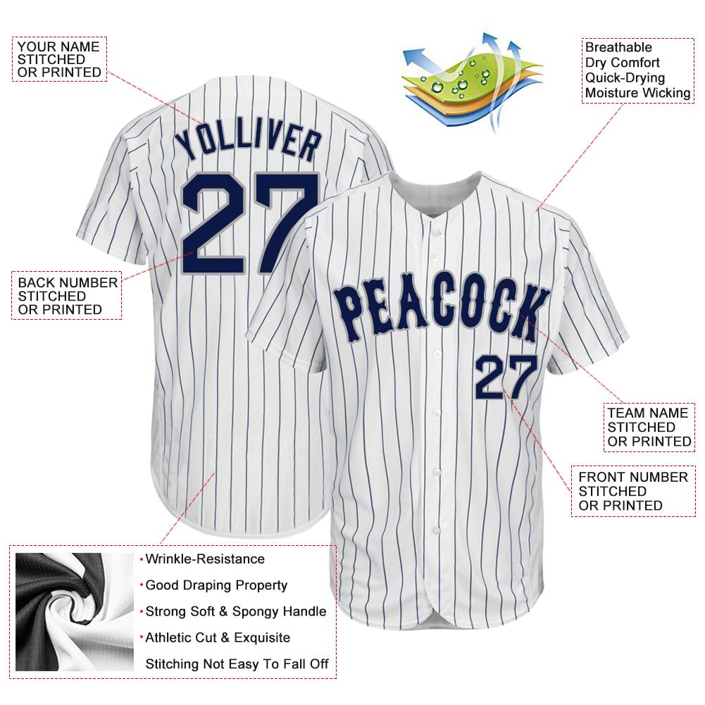 Custom White Navy Pinstripe Navy-Gray Authentic Baseball Jersey baseball jersey product view 3