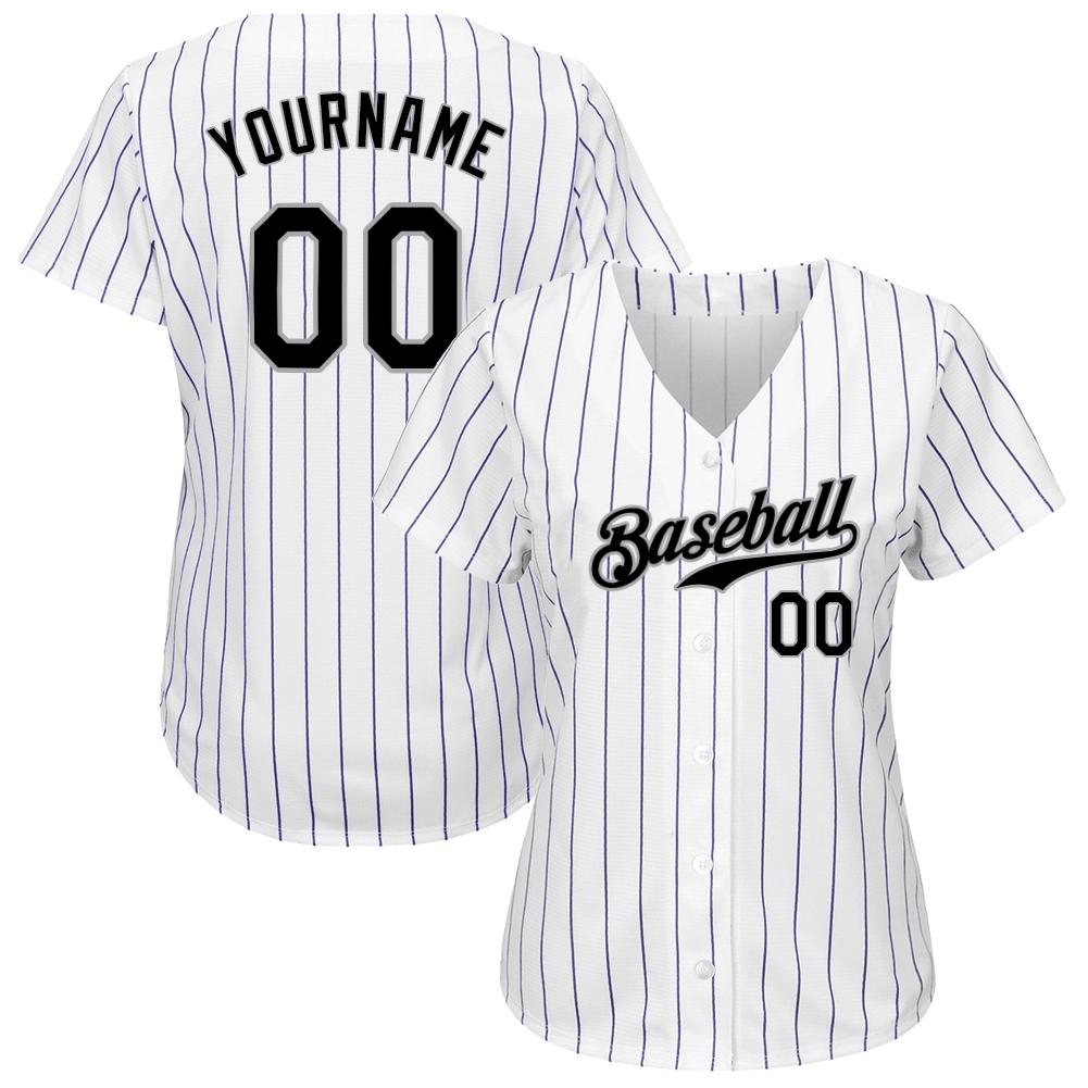 Custom White Purple Pinstripe Black-Gray Authentic Baseball Jersey baseball jersey product view 2