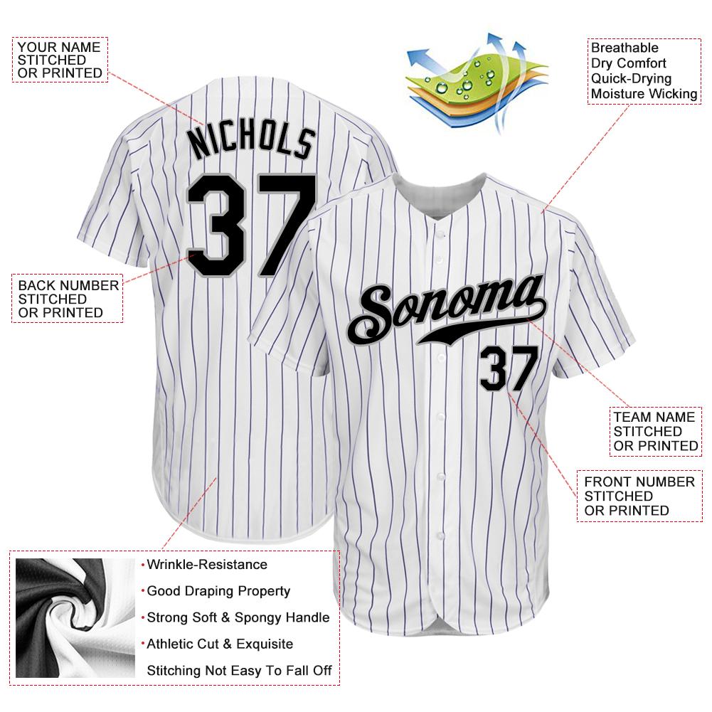 Custom White Purple Pinstripe Black-Gray Authentic Baseball Jersey baseball jersey product view 3