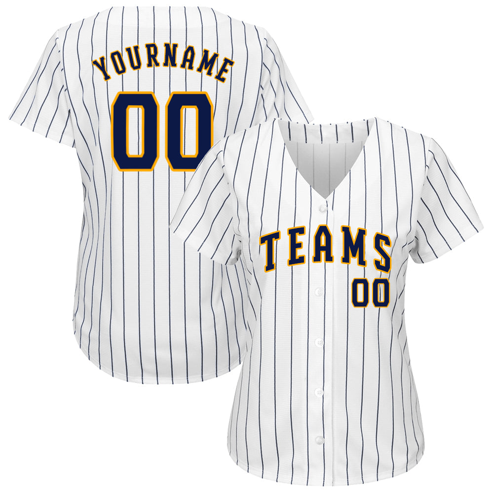 Custom White Navy Pinstripe Navy-Gold Authentic Baseball Jersey baseball jersey product view 2