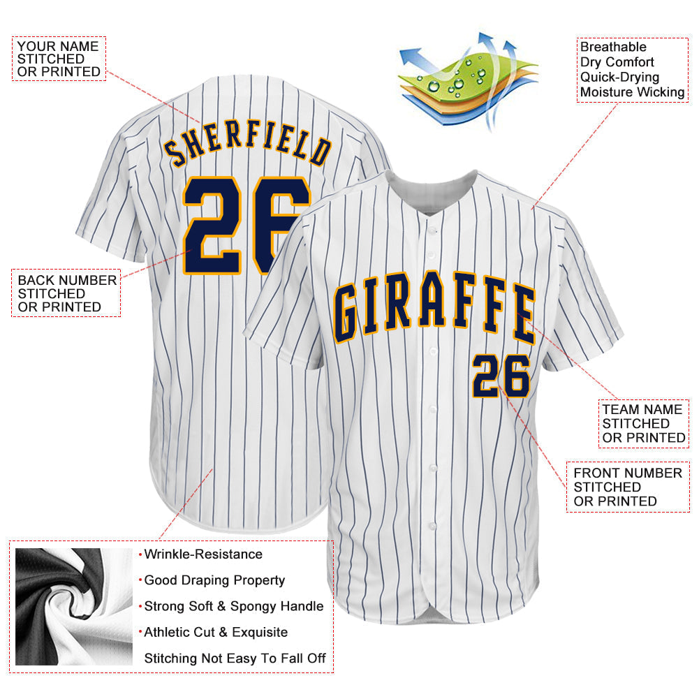 Custom White Navy Pinstripe Navy-Gold Authentic Baseball Jersey baseball jersey product view 3