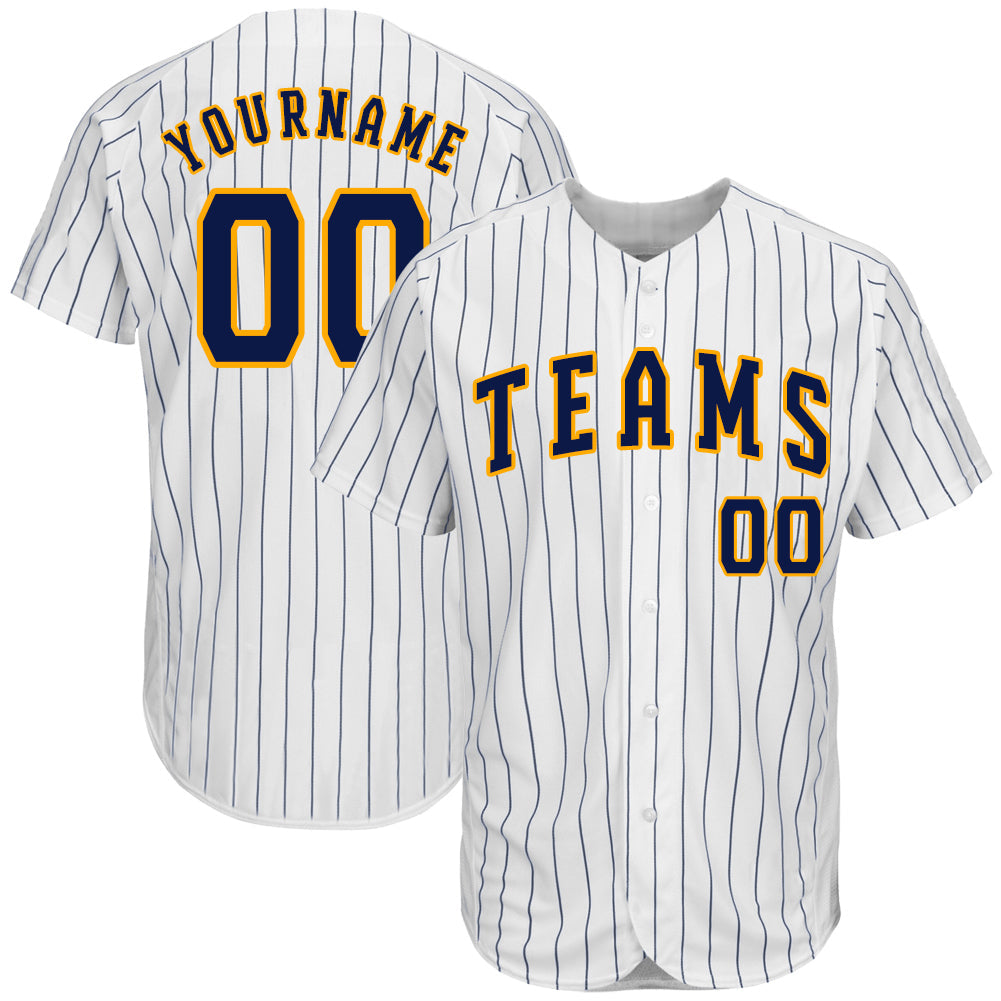 Custom White Navy Pinstripe Navy-Gold Authentic Baseball Jersey baseball jersey product view 1