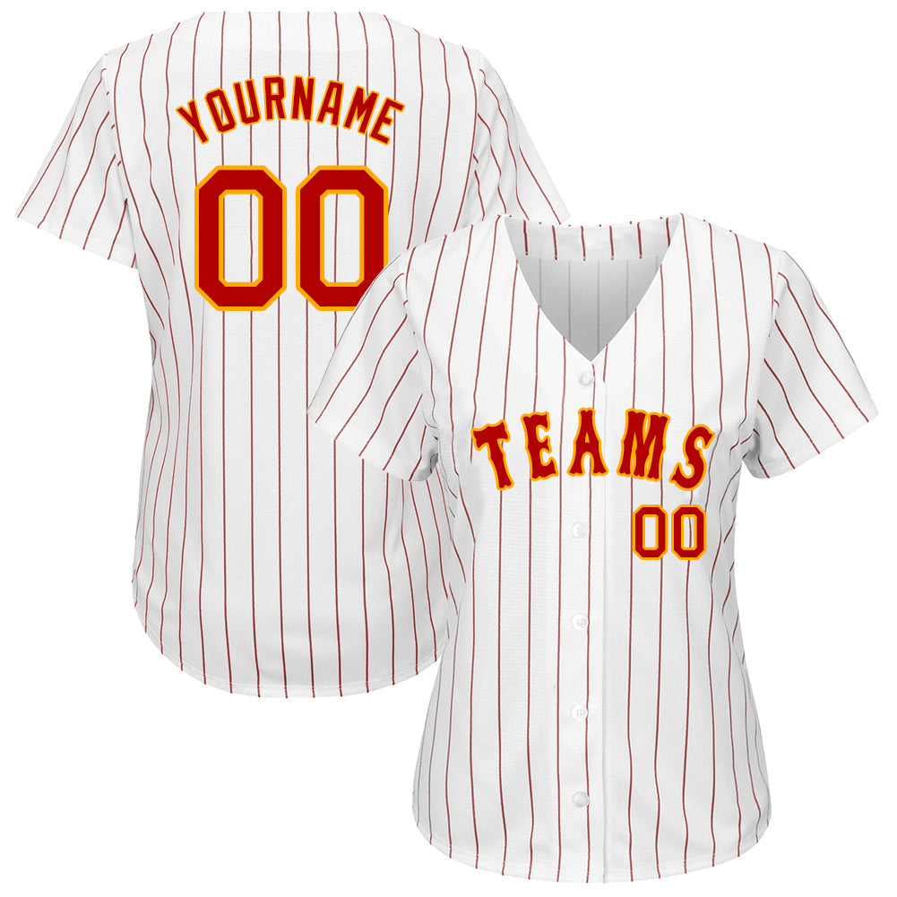 Custom White Red Pinstripe Red-Gold Authentic Baseball Jersey baseball jersey product view 2