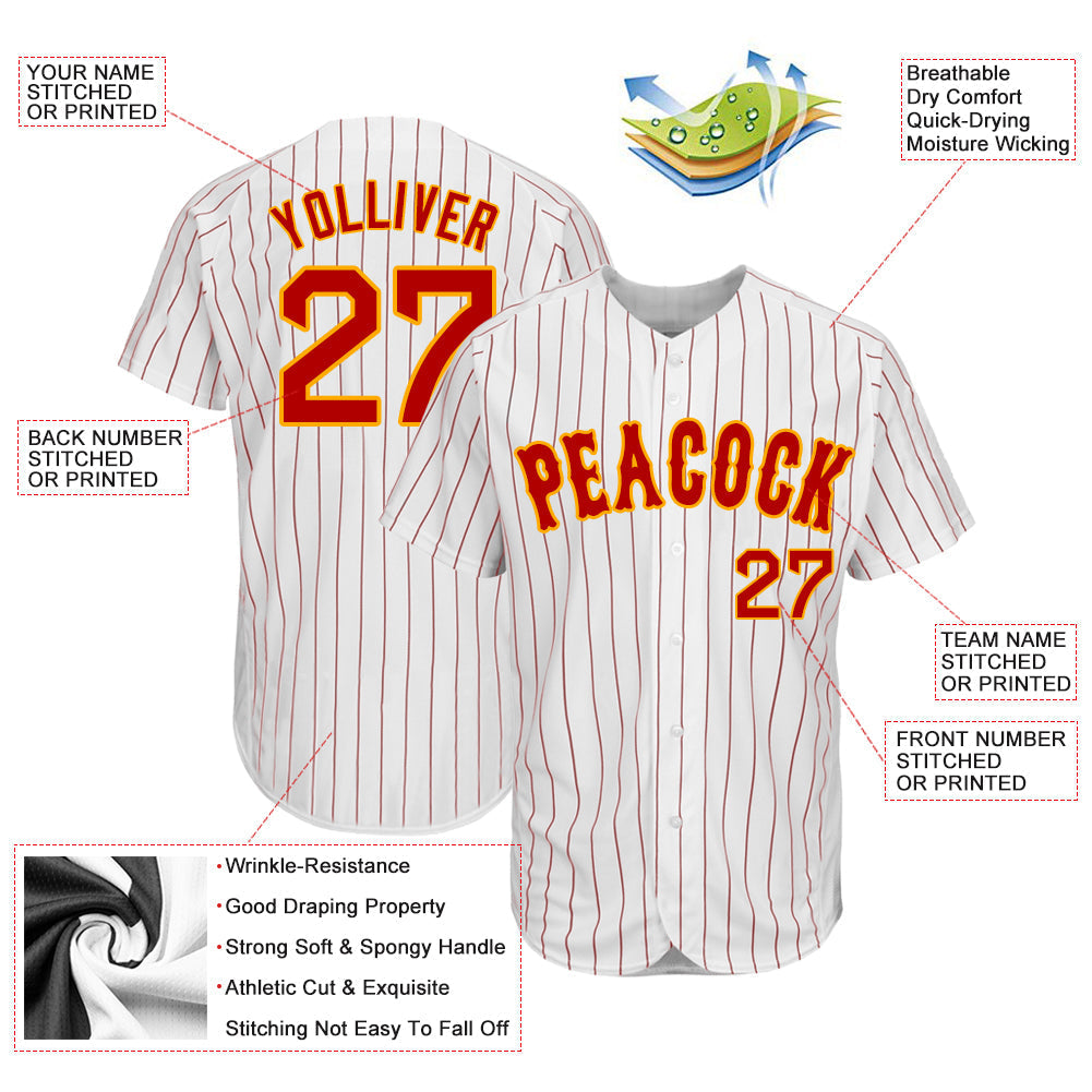 Custom White Red Pinstripe Red-Gold Authentic Baseball Jersey baseball jersey product view 3