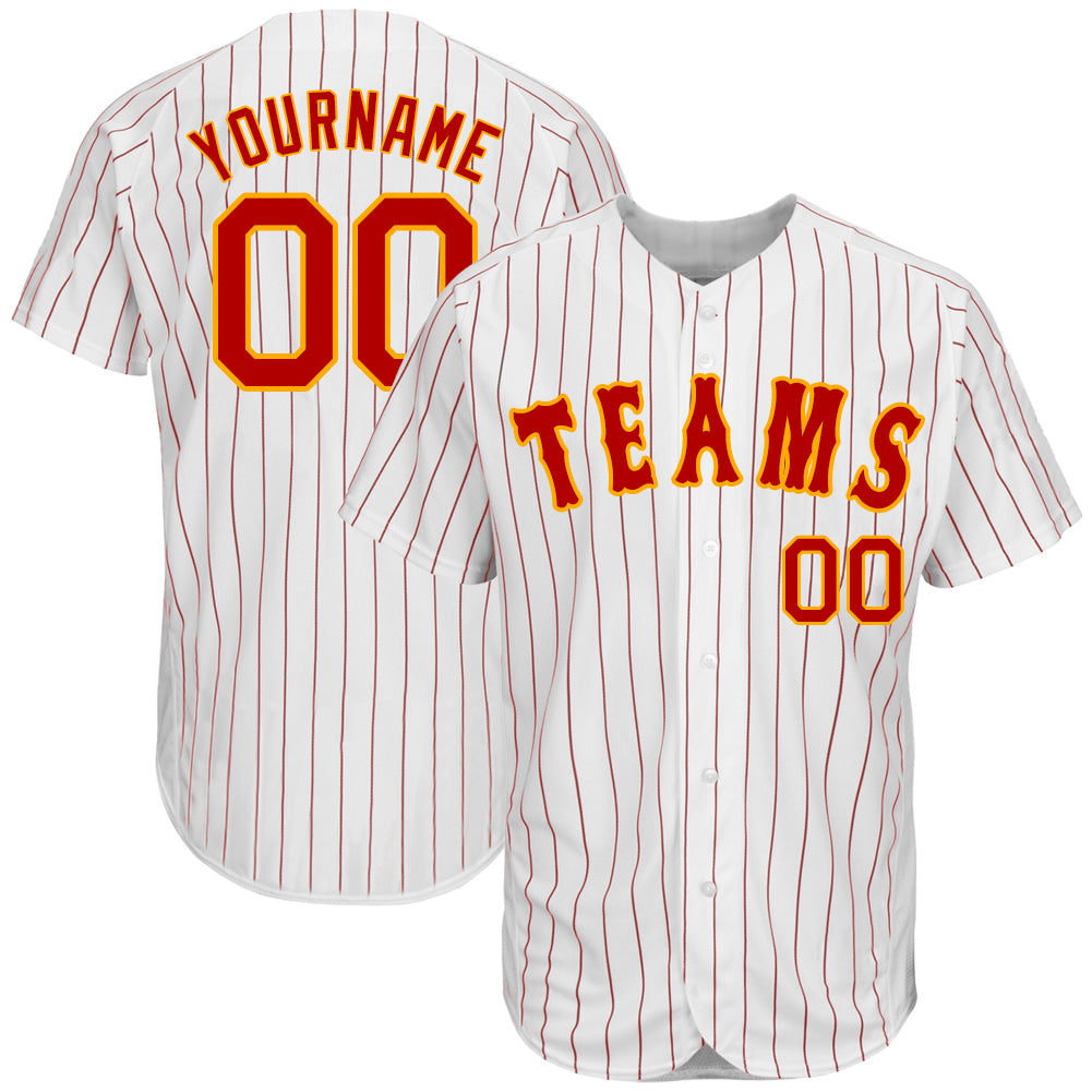 Custom White Red Pinstripe Red-Gold Authentic Baseball Jersey baseball jersey product view 1