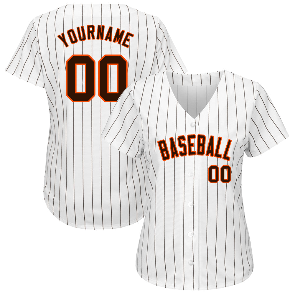 Custom White Brown Pinstripe Brown-Orange Authentic Baseball Jersey baseball jersey product view 2
