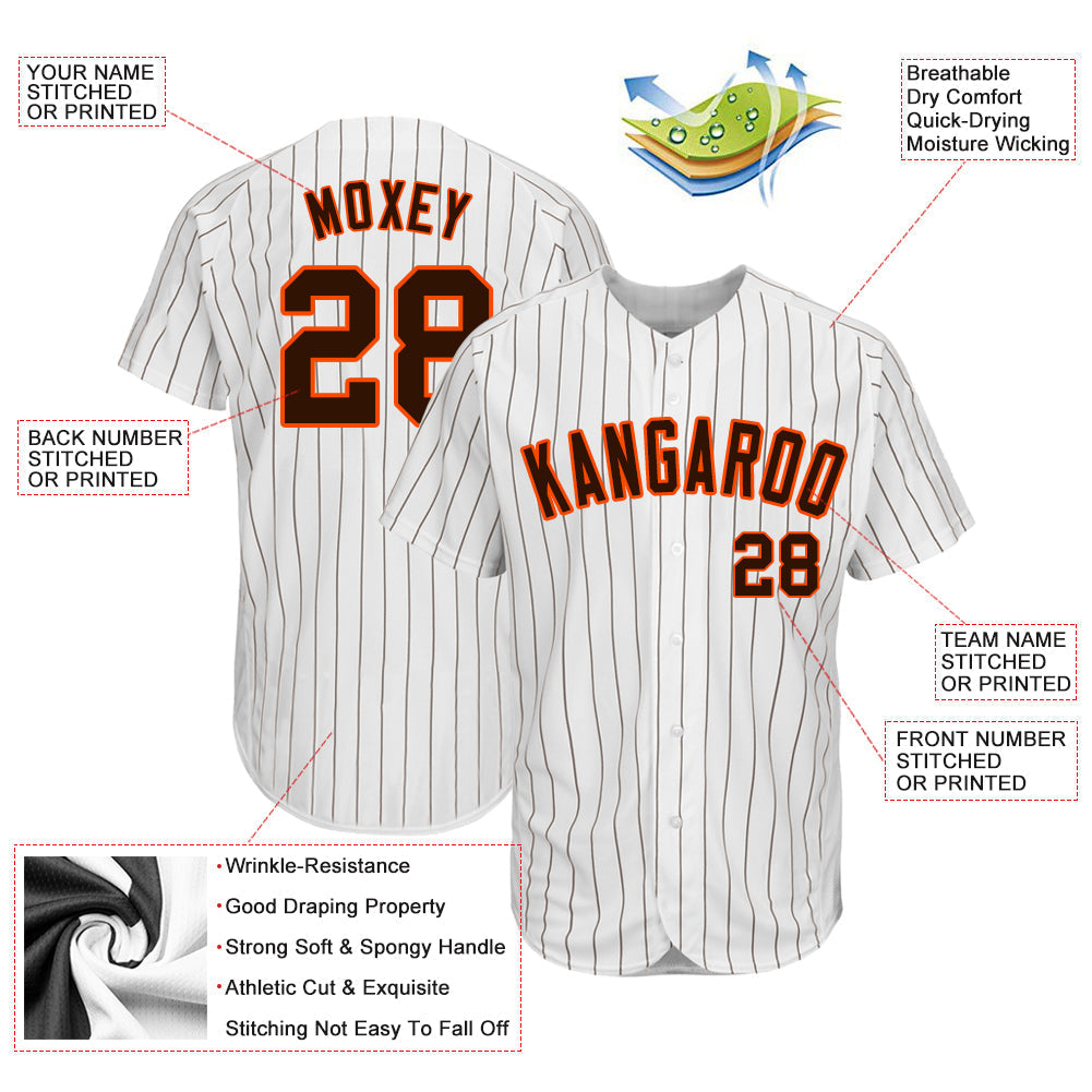 Custom White Brown Pinstripe Brown-Orange Authentic Baseball Jersey baseball jersey product view 3