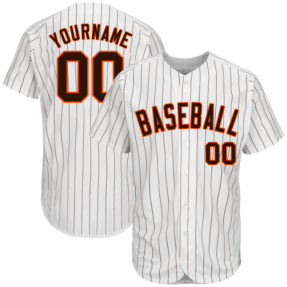 Custom White Brown Pinstripe Brown-Orange Authentic Baseball Jersey baseball jersey product view 1