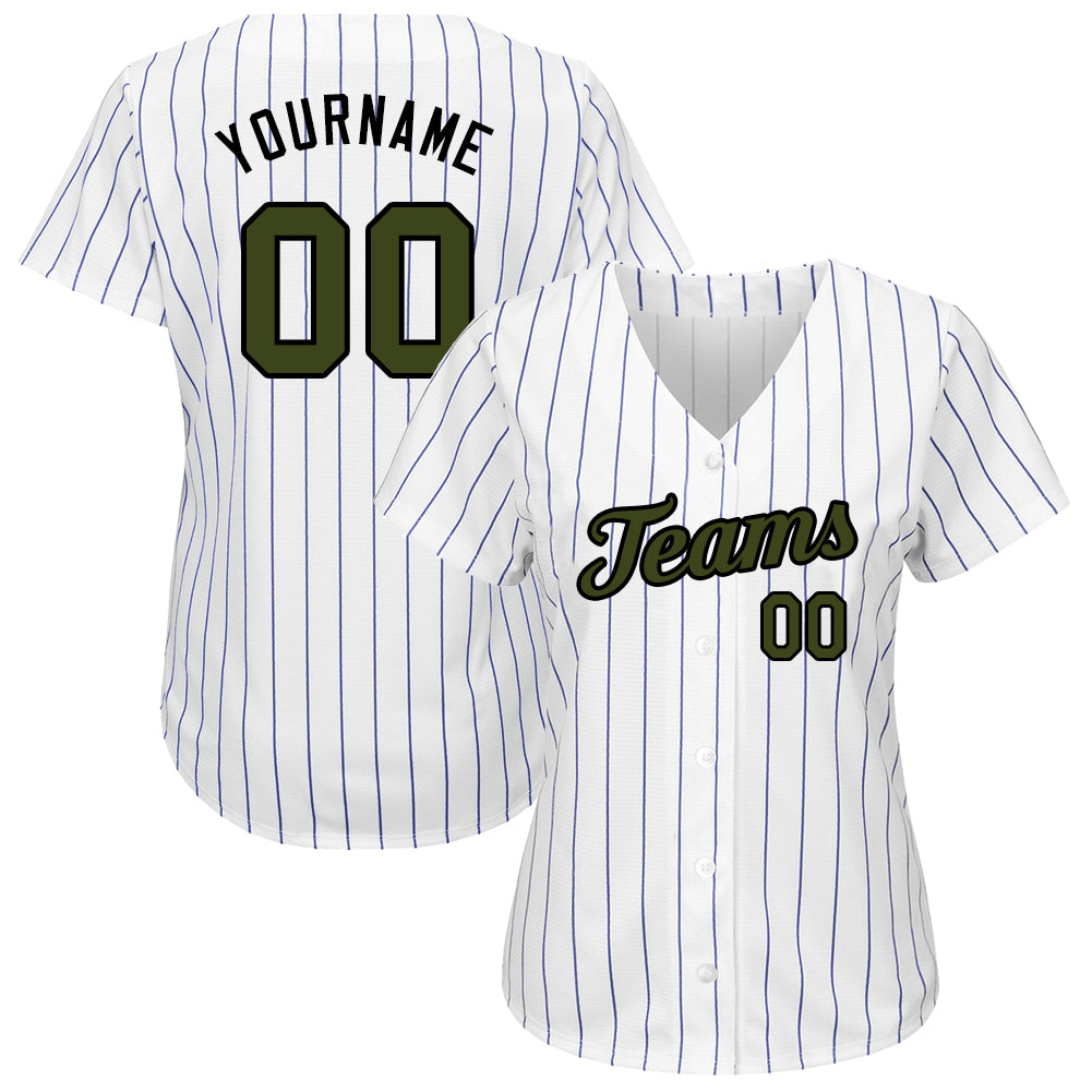 Custom White Royal Pinstripe Olive-Black Authentic Memorial Day Baseball Jersey baseball jersey product view 2