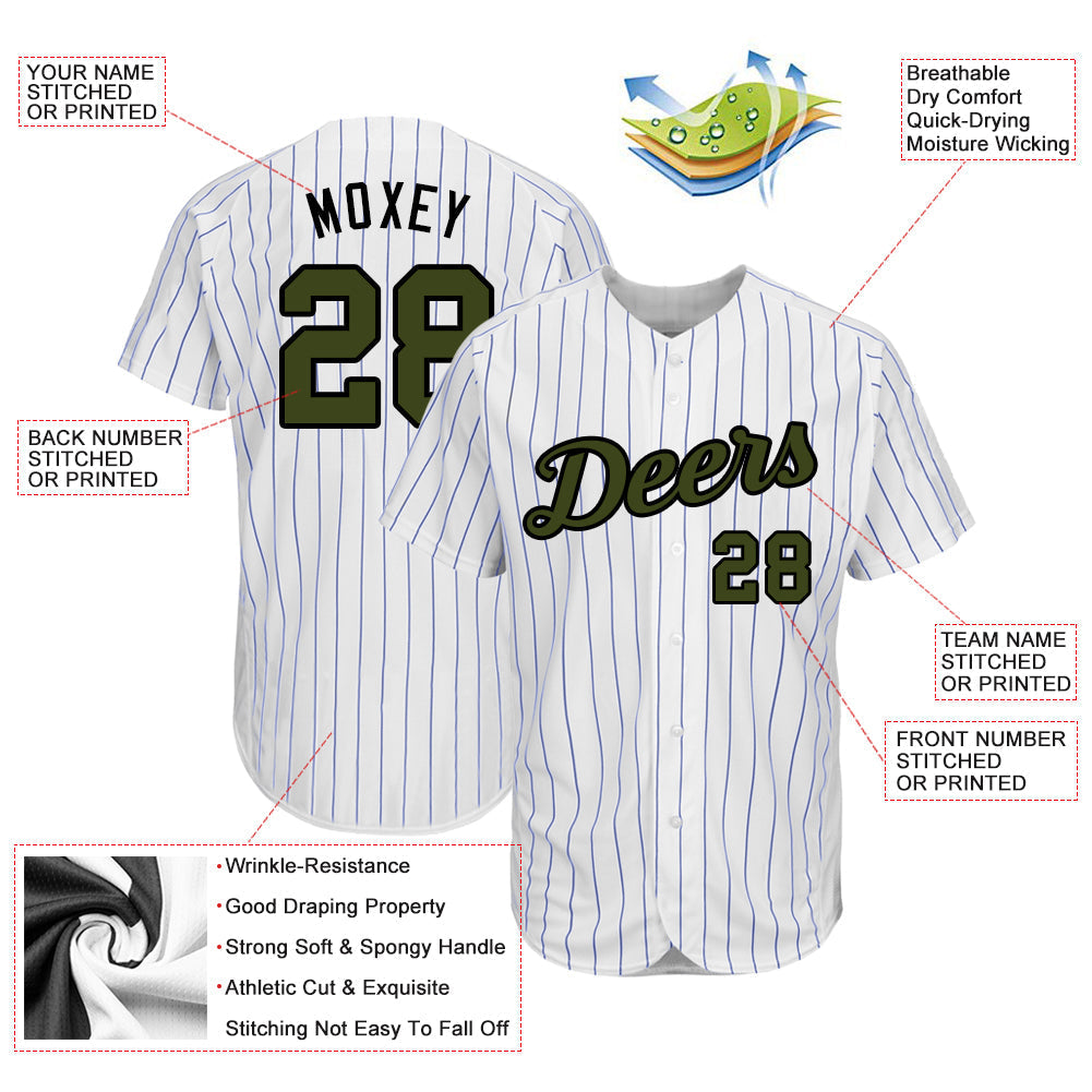 Custom White Royal Pinstripe Olive-Black Authentic Memorial Day Baseball Jersey baseball jersey product view 3