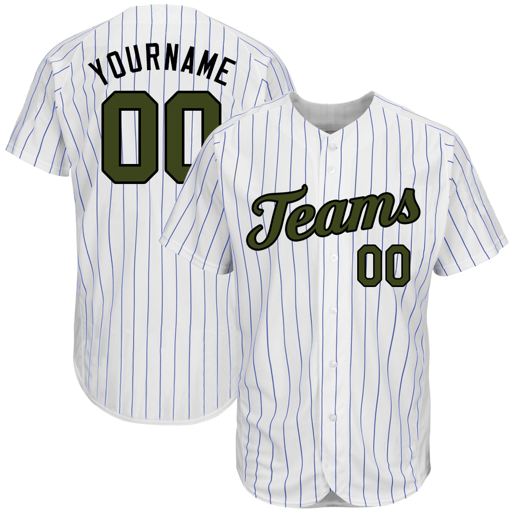 Custom White Royal Pinstripe Olive-Black Authentic Memorial Day Baseball Jersey baseball jersey product view 1