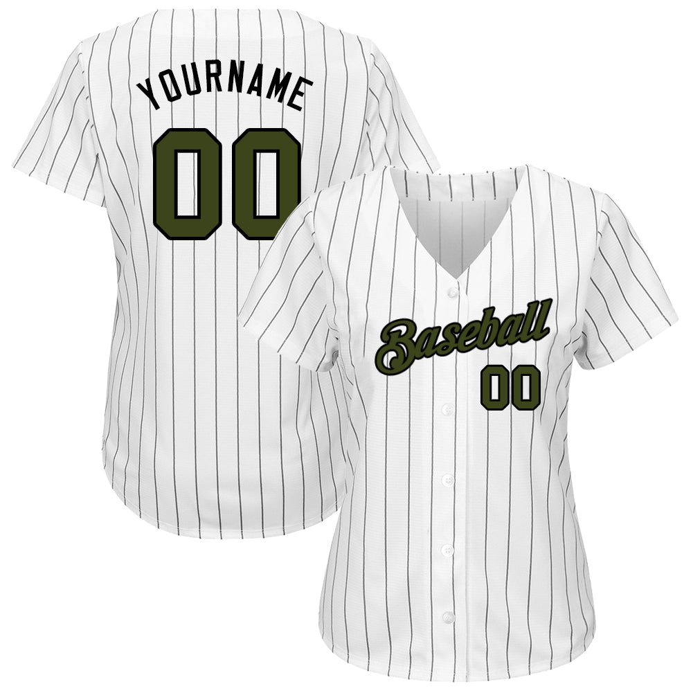 Custom White Black Pinstripe Olive-Black Authentic Memorial Day Baseball Jersey baseball jersey product view 2