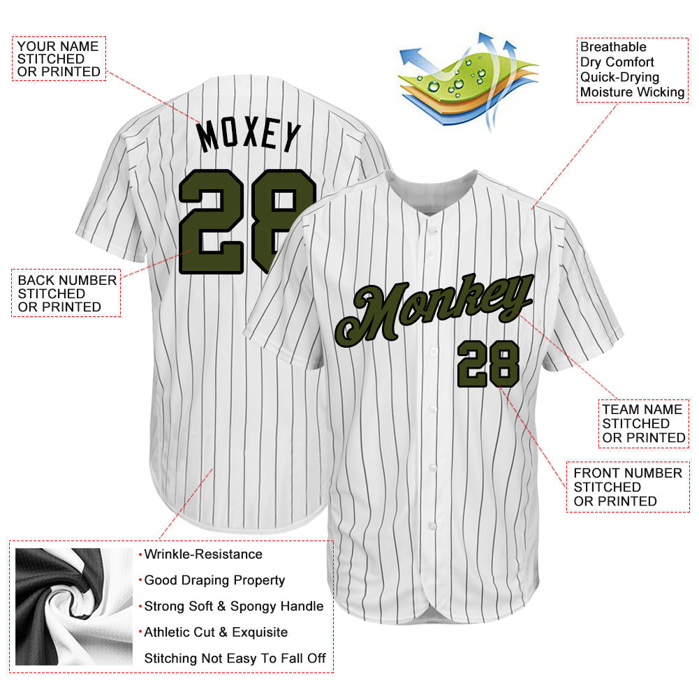 Custom White Black Pinstripe Olive-Black Authentic Memorial Day Baseball Jersey baseball jersey product view 3