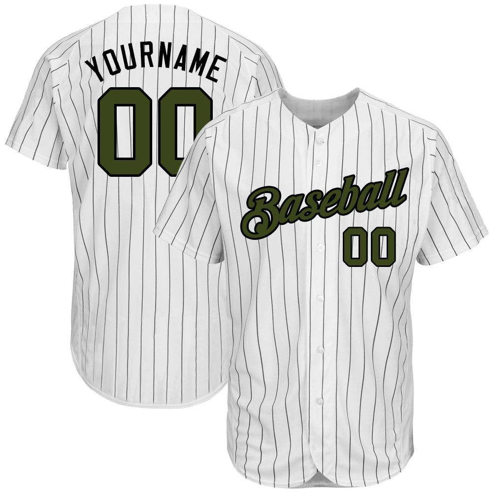 Custom White Black Pinstripe Olive-Black Authentic Memorial Day Baseball Jersey baseball jersey product view 1