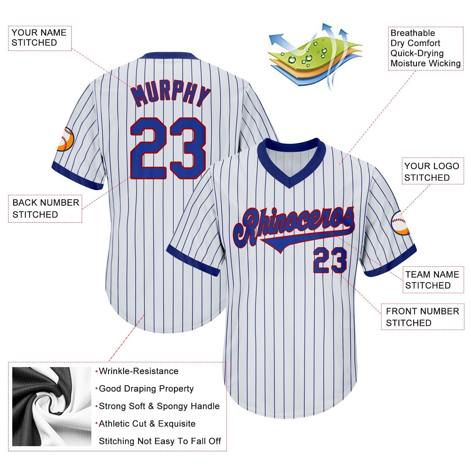 Custom White Royal Pinstripe Royal-Red Authentic Throwback Rib-Knit Baseball Jersey Shirt baseball jersey product view 4