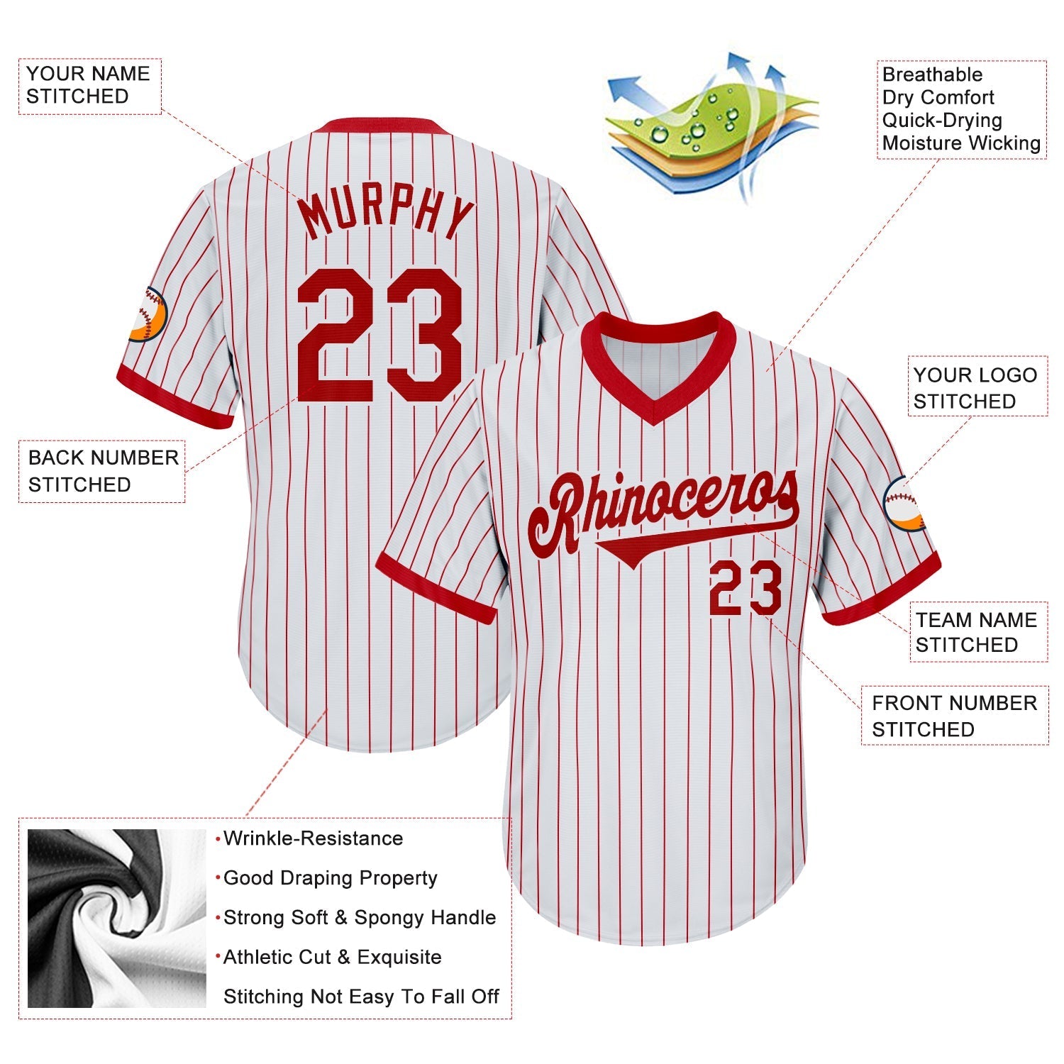 Custom White Red Pinstripe Red-White Authentic Throwback Rib-Knit Baseball Jersey Shirt baseball jersey product view 4
