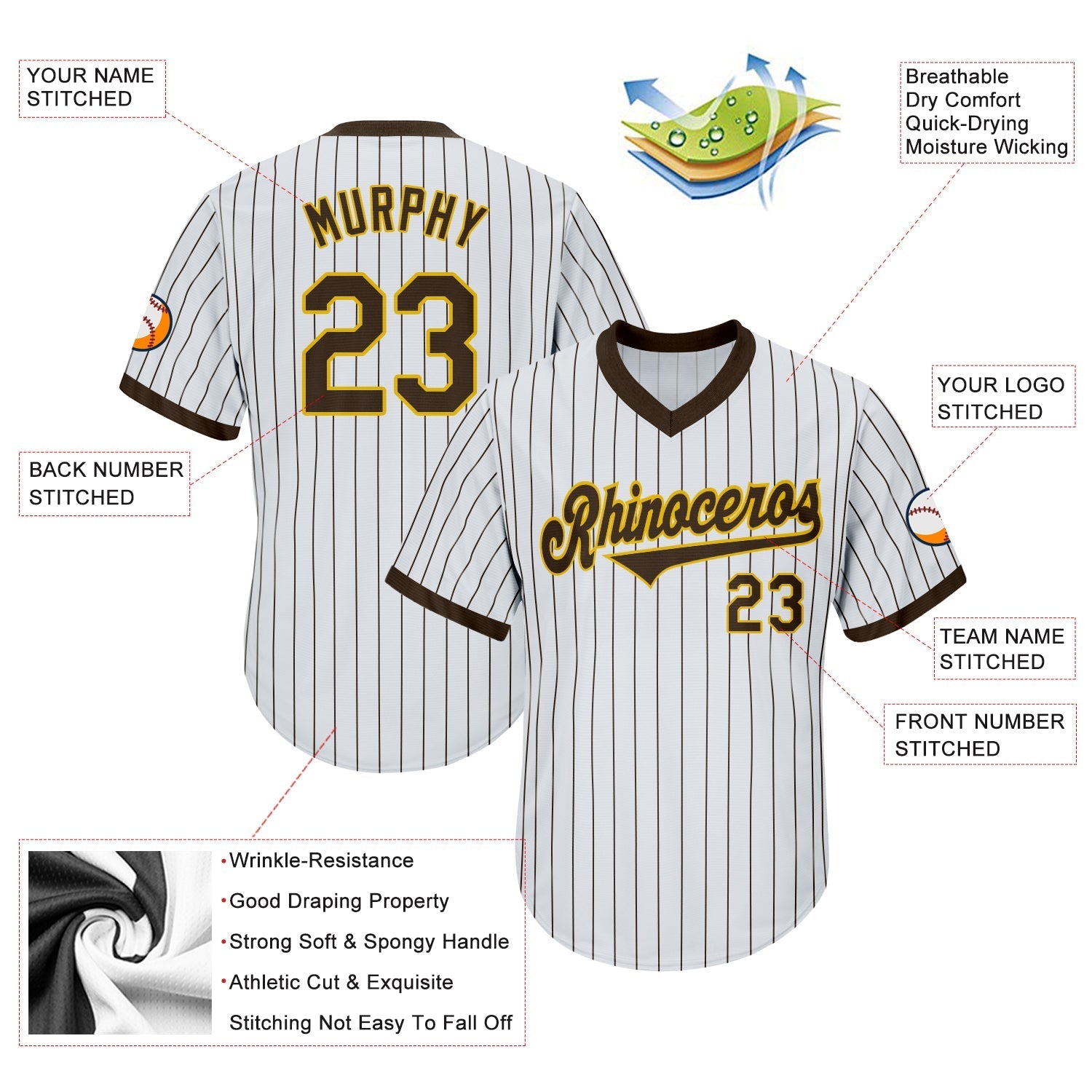 Custom White Brown Pinstripe Brown-Gold Authentic Throwback Rib-Knit Baseball Jersey Shirt baseball jersey product view 4
