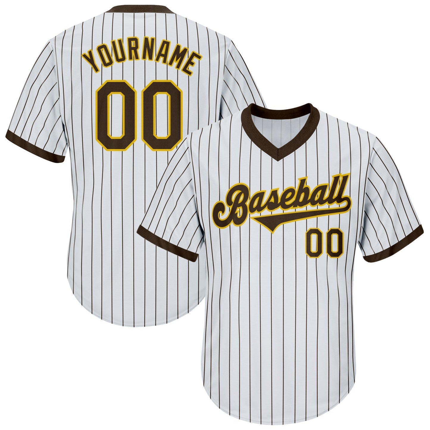 Custom White Brown Pinstripe Brown-Gold Authentic Throwback Rib-Knit Baseball Jersey Shirt baseball jersey product view 1