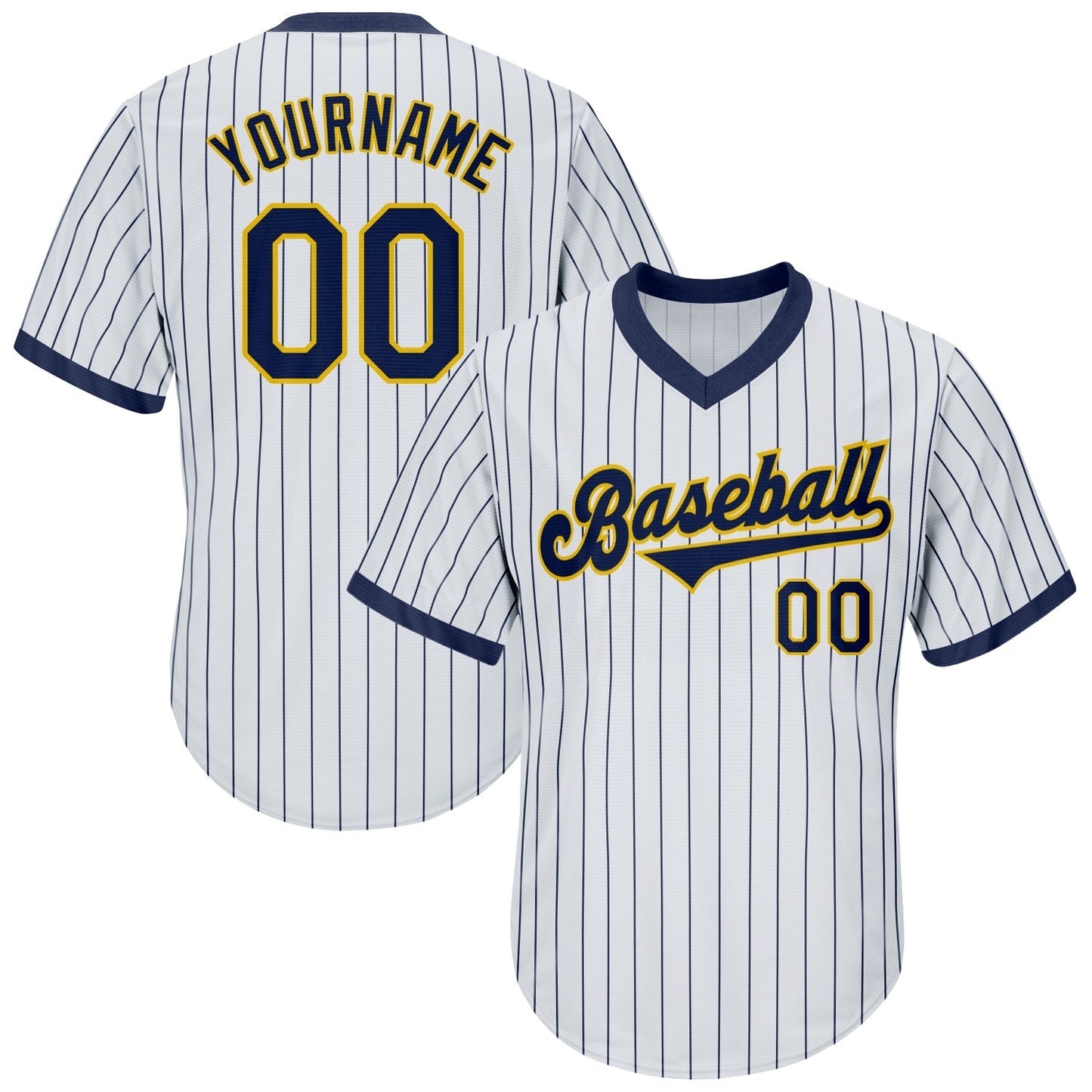 Custom White Navy Pinstripe Navy-Gold Authentic Throwback Rib-Knit Baseball Jersey Shirt baseball jersey product view 1