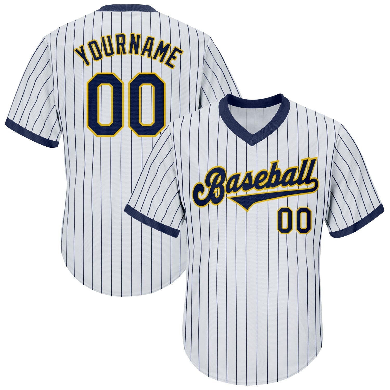 Custom White Navy Pinstripe Navy-Gold Authentic Throwback Rib-Knit Baseball Jersey Shirt baseball jersey product view 1