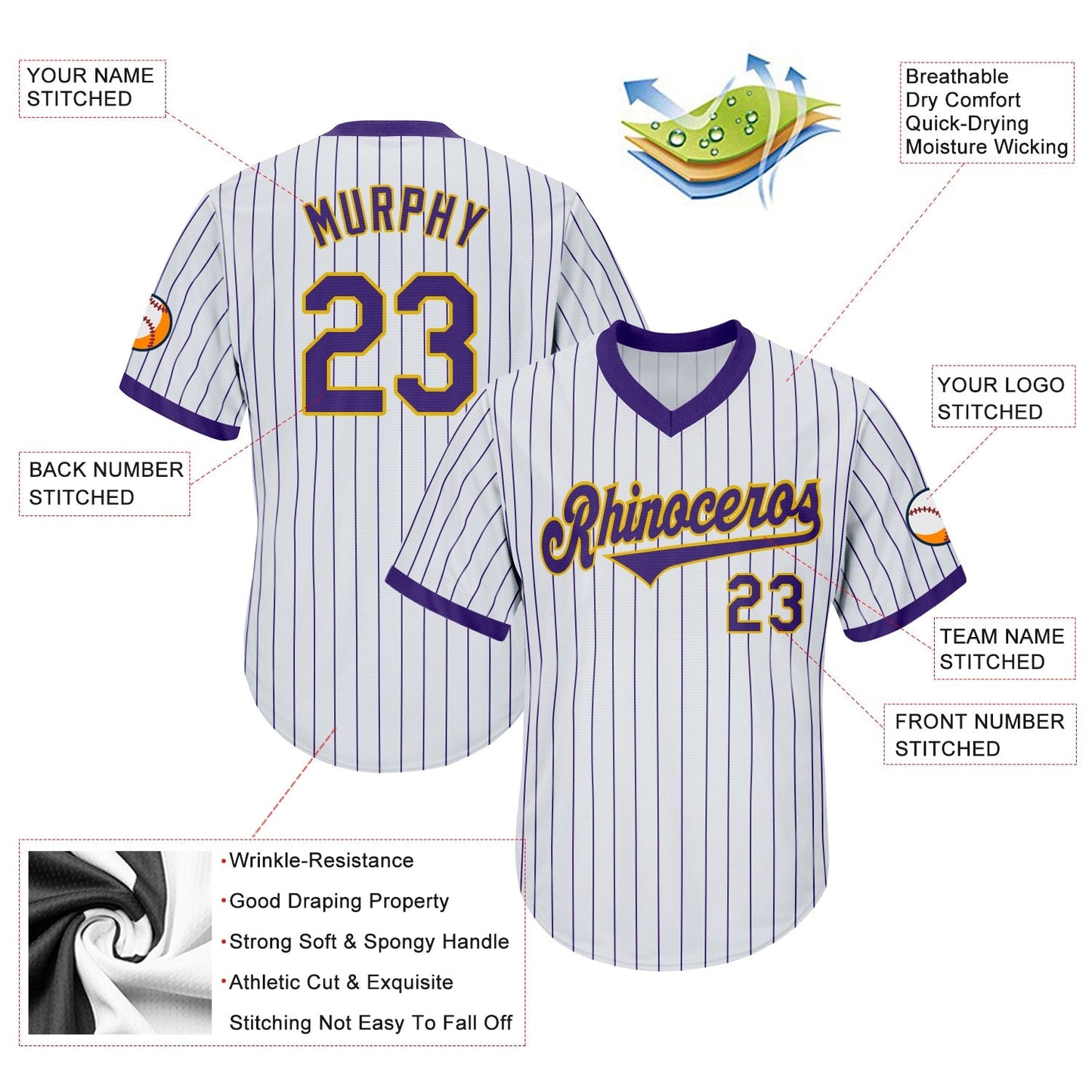 Custom White Purple Pinstripe Purple-Gold Authentic Throwback Rib-Knit Baseball Jersey Shirt baseball jersey product view 4