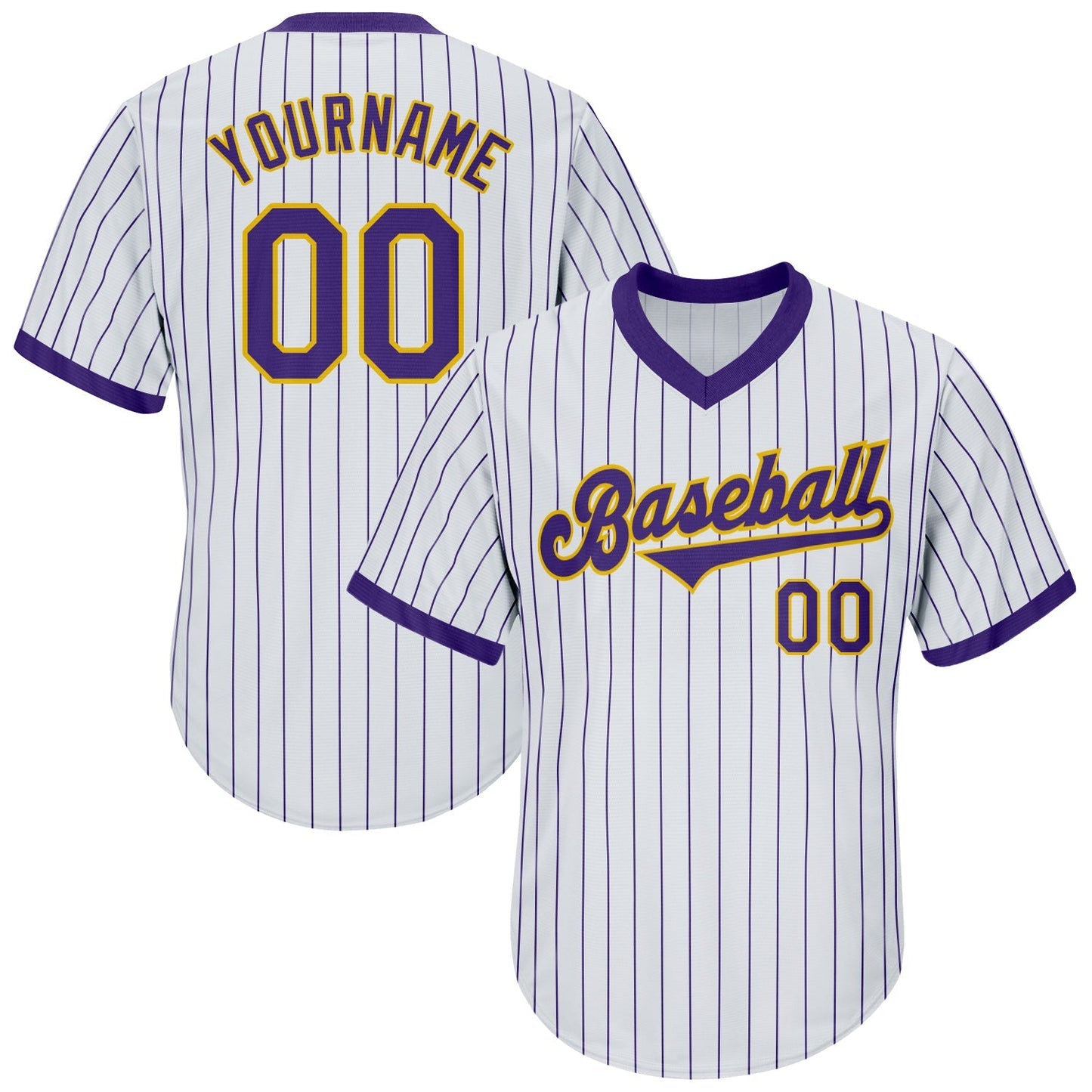 Custom White Purple Pinstripe Purple-Gold Authentic Throwback Rib-Knit Baseball Jersey Shirt baseball jersey product view 1