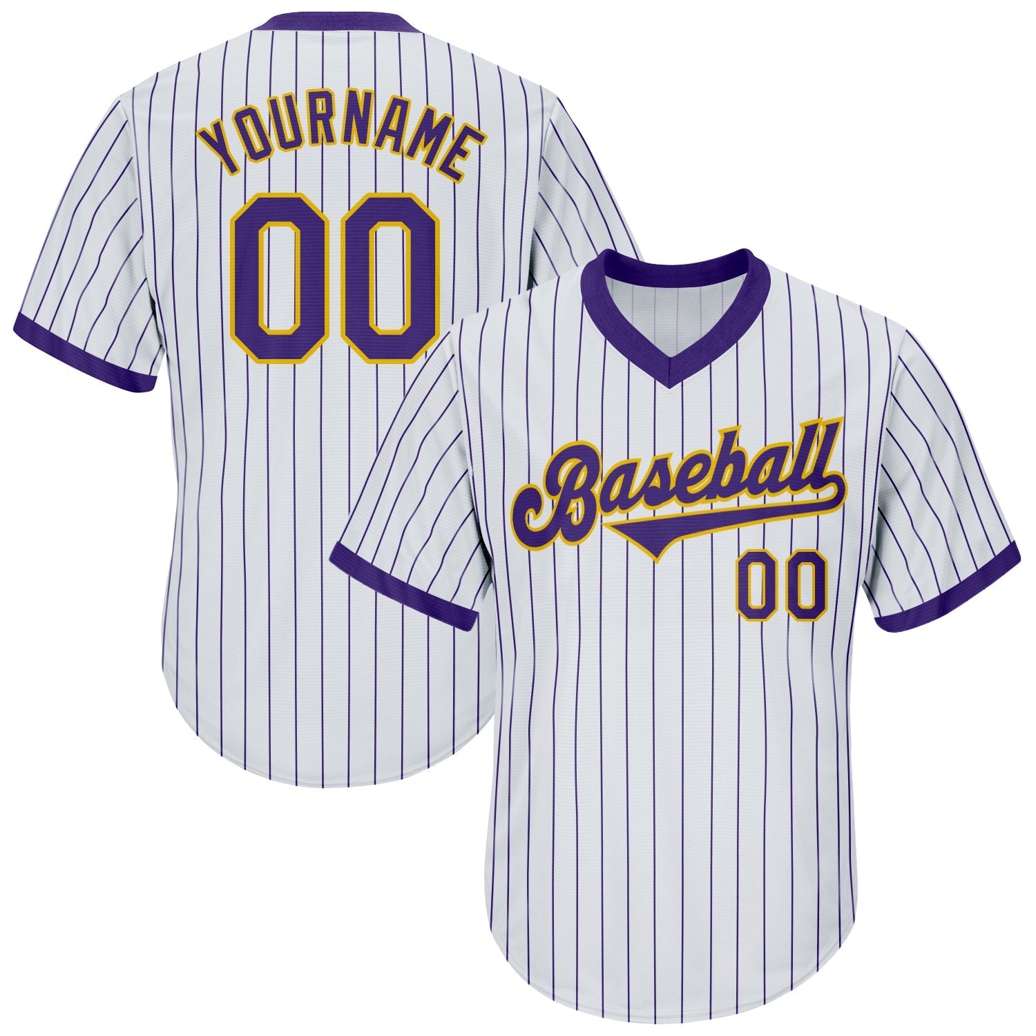 Custom White Purple Pinstripe Purple-Gold Authentic Throwback Rib-Knit Baseball Jersey Shirt baseball jersey product view 1