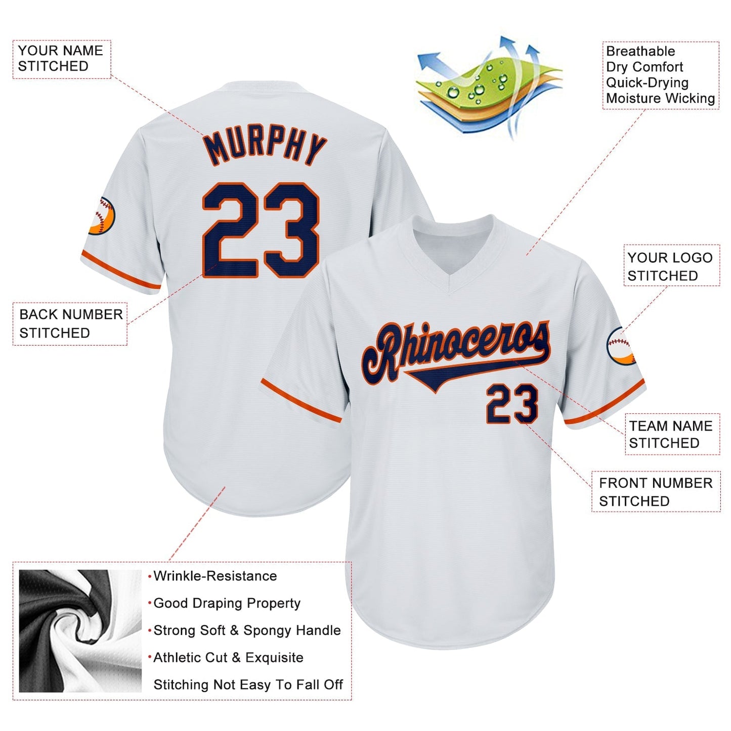 Custom White Navy-Orange Authentic Throwback Rib-Knit Baseball Jersey Shirt baseball jersey product view 4