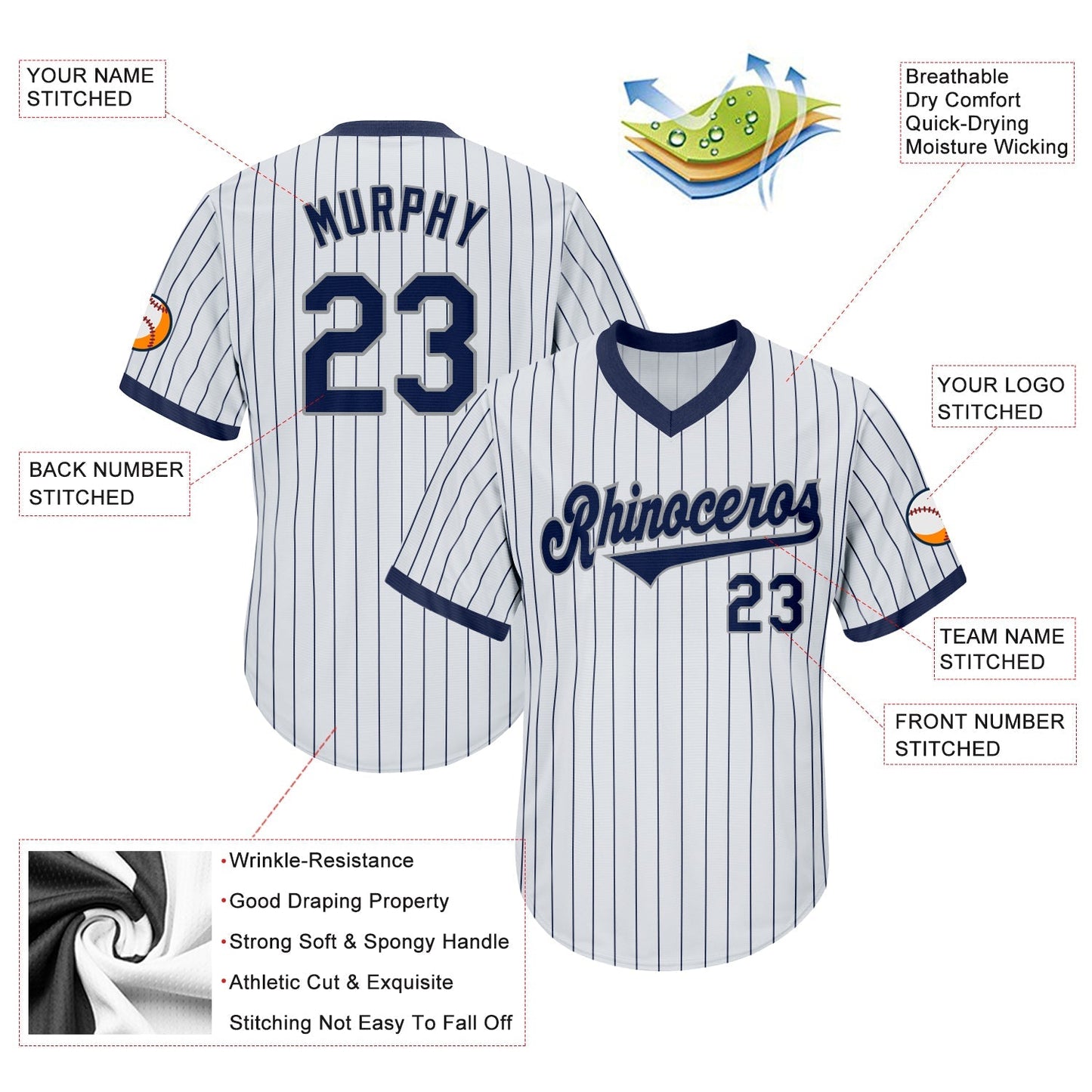 Custom White Navy Pinstripe Navy-Gray Authentic Throwback Rib-Knit Baseball Jersey Shirt baseball jersey product view 4
