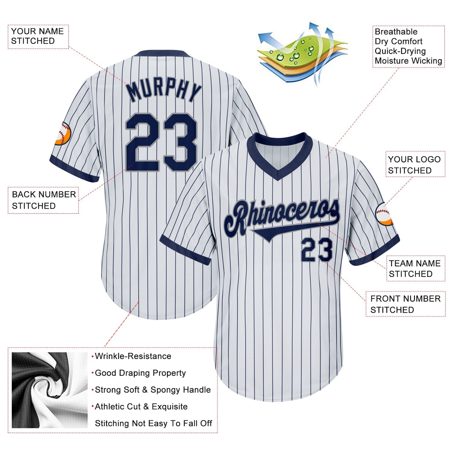 Custom White Navy Pinstripe Navy-Gray Authentic Throwback Rib-Knit Baseball Jersey Shirt baseball jersey product view 4