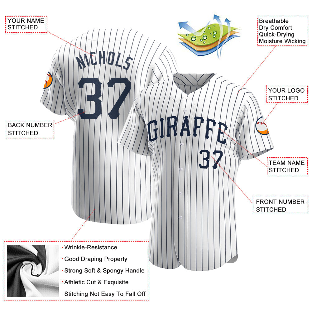 Custom White Navy Pinstripe Navy Authentic Baseball Jersey baseball jersey product view 3
