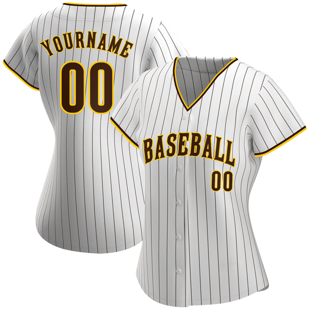 Custom White Brown Pinstripe Brown-Gold Authentic Baseball Jersey baseball jersey product view 2