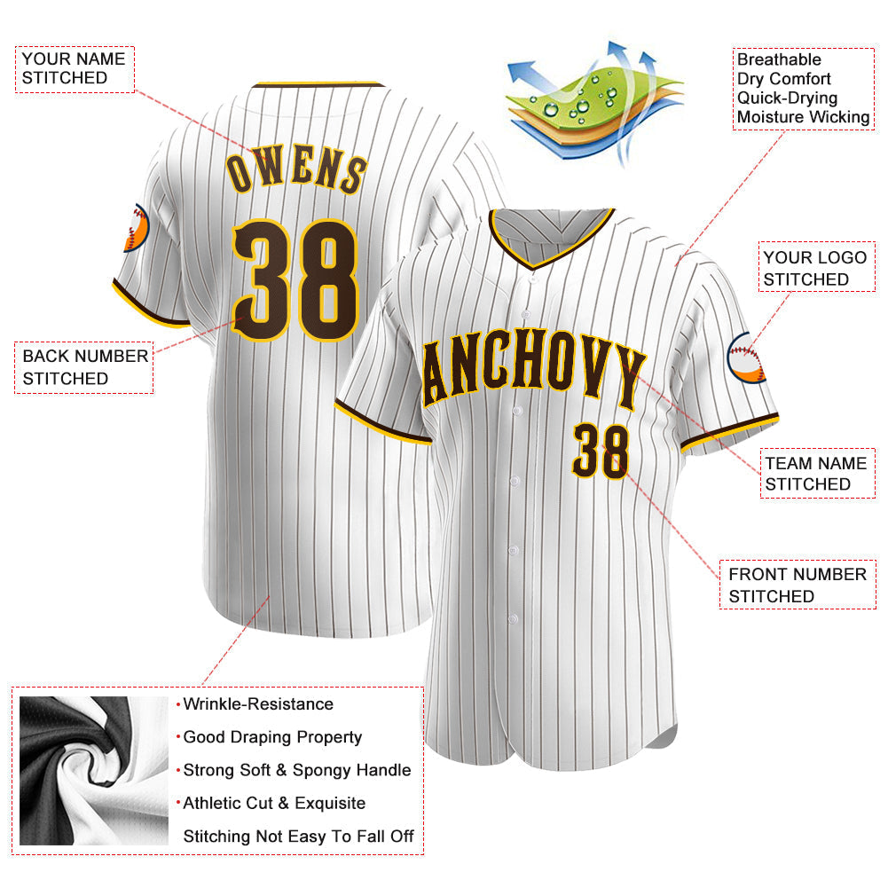 Custom White Brown Pinstripe Brown-Gold Authentic Baseball Jersey baseball jersey product view 3